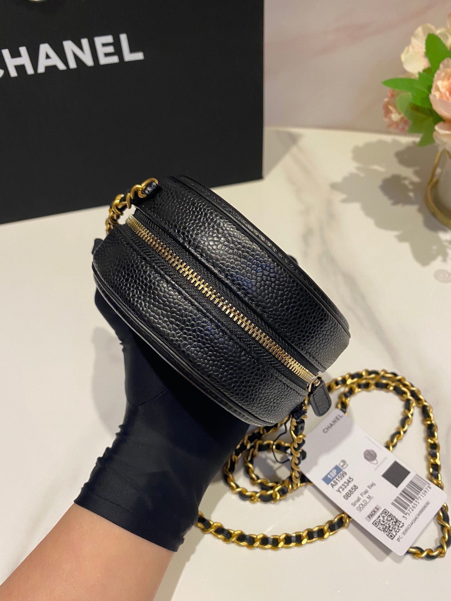 CHANEL MINI 12 ROUND CHAIN BAG IN BLACK CALFSKIN GOLD HARDWARE