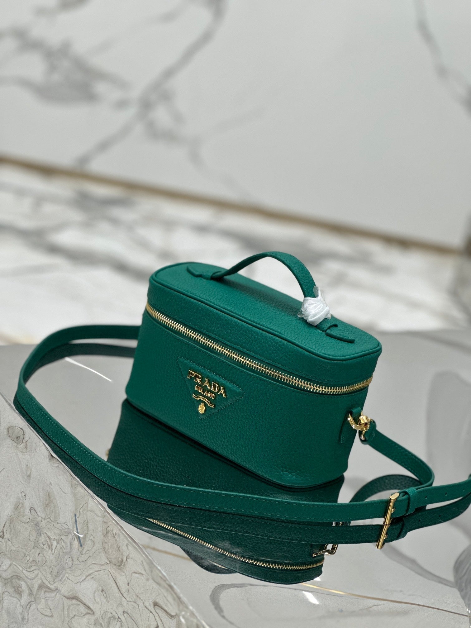 PRADA VANITY CASE 18 IN EMERALD GREEN GRAINED CALFSKIN GOLD HARDWARE