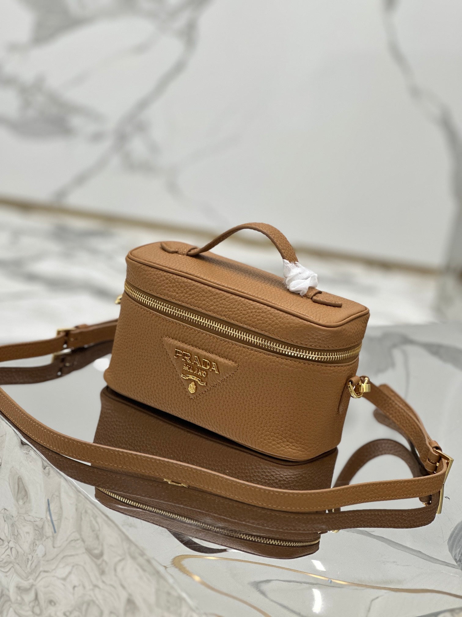 PRADA VANITY CASE 18 IN RUSSET BROWN GRAINED CALFSKIN GOLD HARDWARE