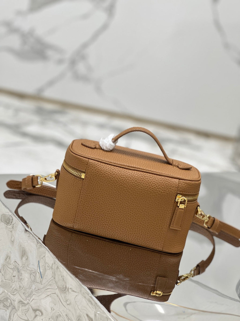 PRADA VANITY CASE 18 IN RUSSET BROWN GRAINED CALFSKIN GOLD HARDWARE