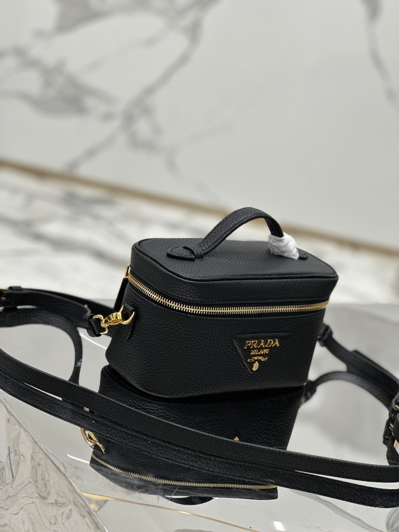 PRADA VANITY CASE 18 IN BLACK GRAINED CALFSKIN GOLD HARDWARE