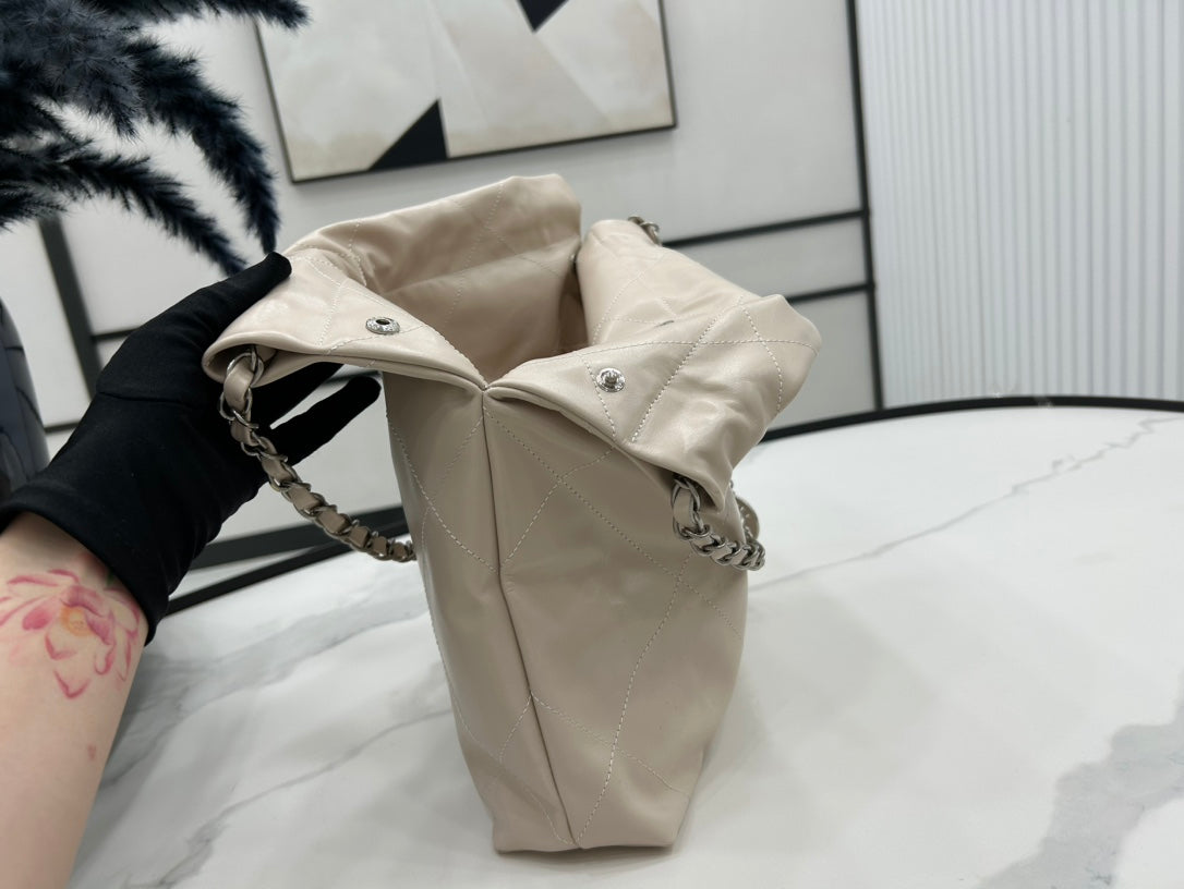 CHANEL MEDIUM 37 HANDBAG IN BEIGE CREAM CALFSKIN SILVER HARDWARE