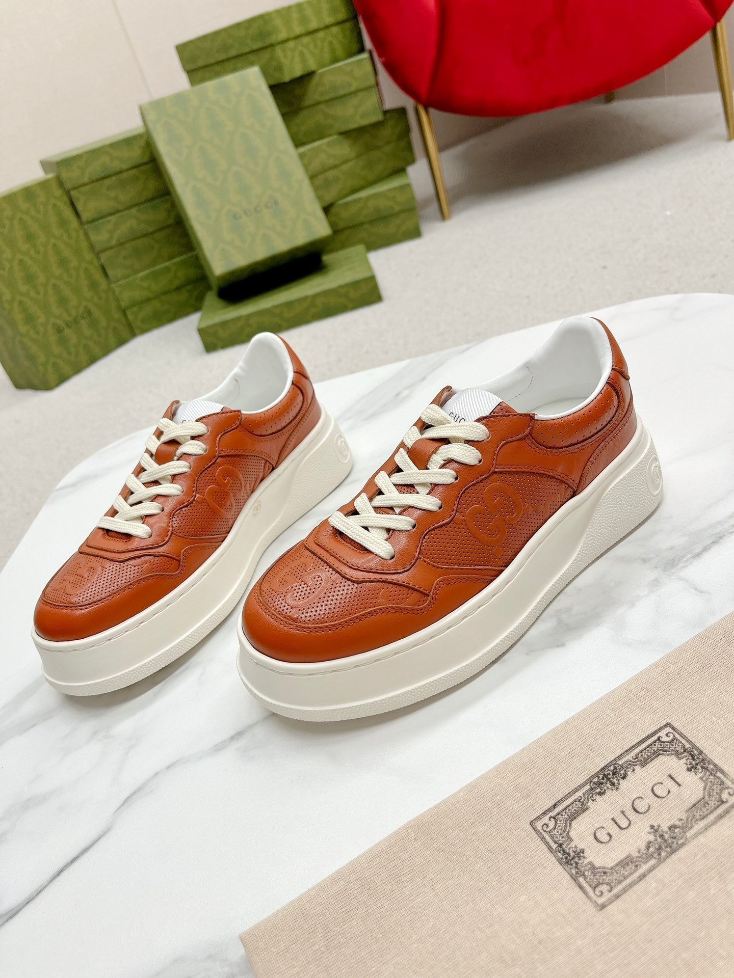 GUCCI EMBOSSED TRAINER CARAMEL CALFSKIN