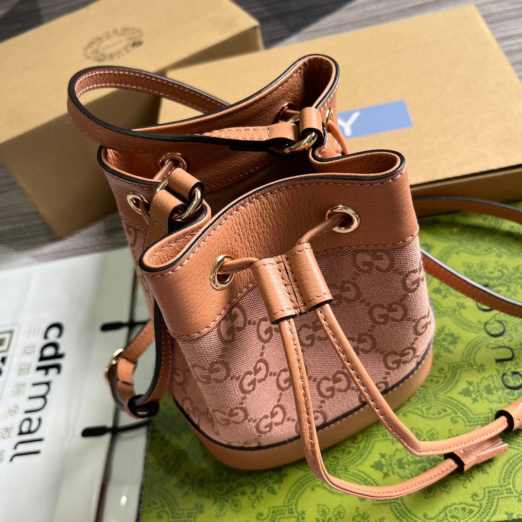 GUCCI OPHIDIA MINI 19 BUCKET LIGHT PINK CANVAS AND CALFSKIN