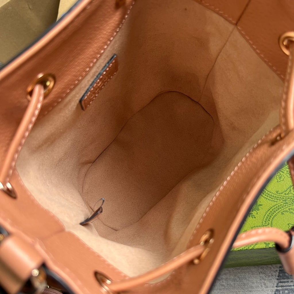 GUCCI OPHIDIA MINI 19 BUCKET LIGHT PINK CANVAS AND CALFSKIN