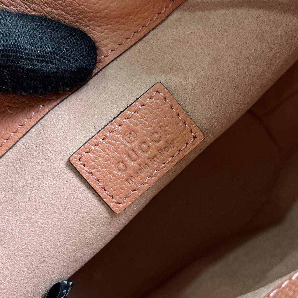 GUCCI OPHIDIA MINI 19 BUCKET LIGHT PINK CANVAS AND CALFSKIN