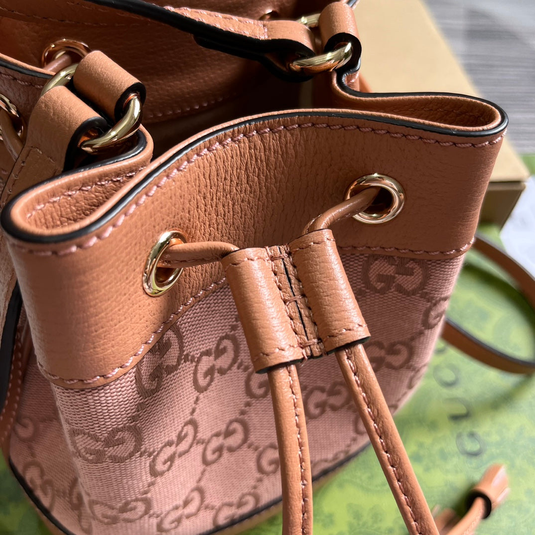 GUCCI OPHIDIA MINI 19 BUCKET LIGHT PINK CANVAS AND CALFSKIN