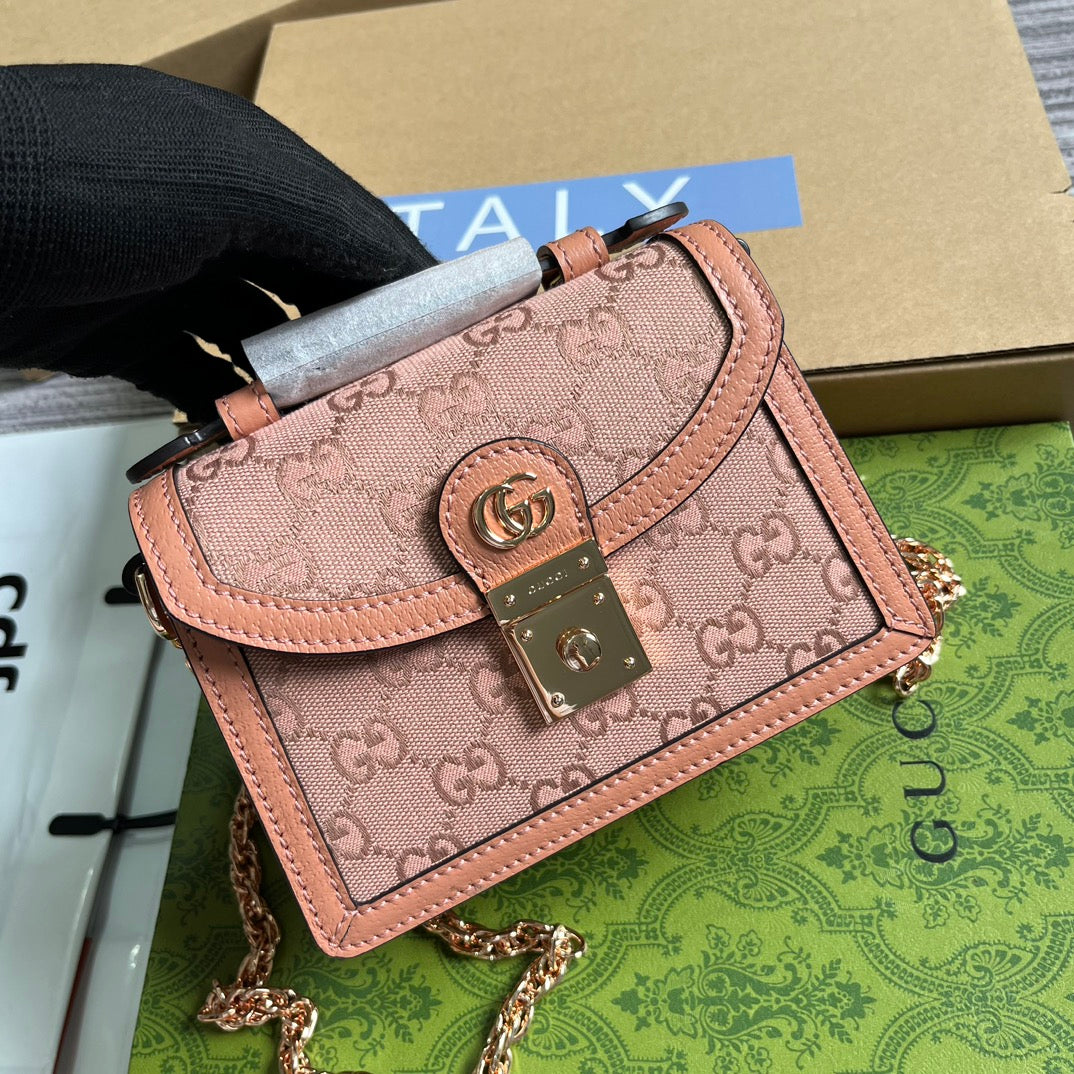 GUCCI OPHIDIA MINI 17 HANDBAG IN LIGHT PINK CANVAS