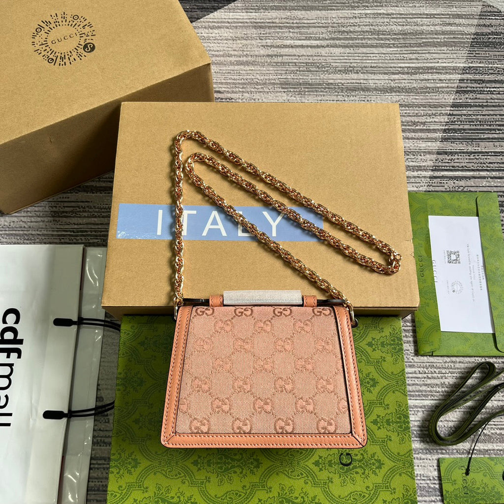 GUCCI OPHIDIA MINI 17 HANDBAG IN LIGHT PINK CANVAS