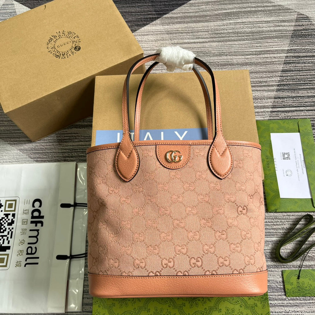 GUCCI OPHIDIA SMALL 25 TOTE BAG IN LIGHT PINK CANVAS