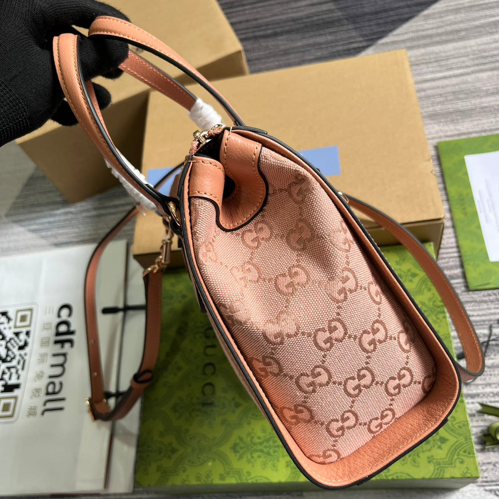 GUCCI OPHIDIA SMALL 24 TOTE BAG IN BLUSH PINK CANVAS AND CALFSKIN