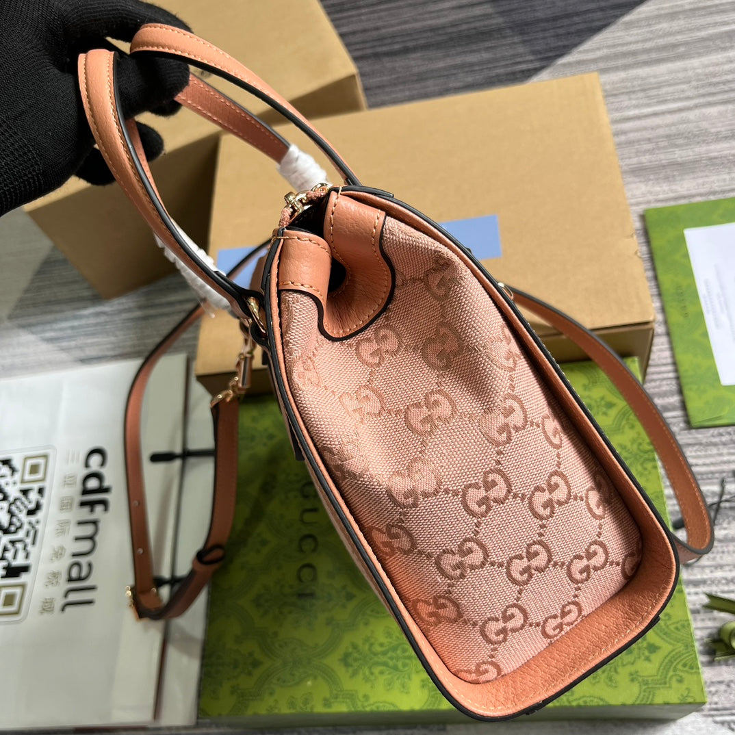 GUCCI OPHIDIA SMALL 24 TOTE BAG IN BLUSH PINK CANVAS AND CALFSKIN