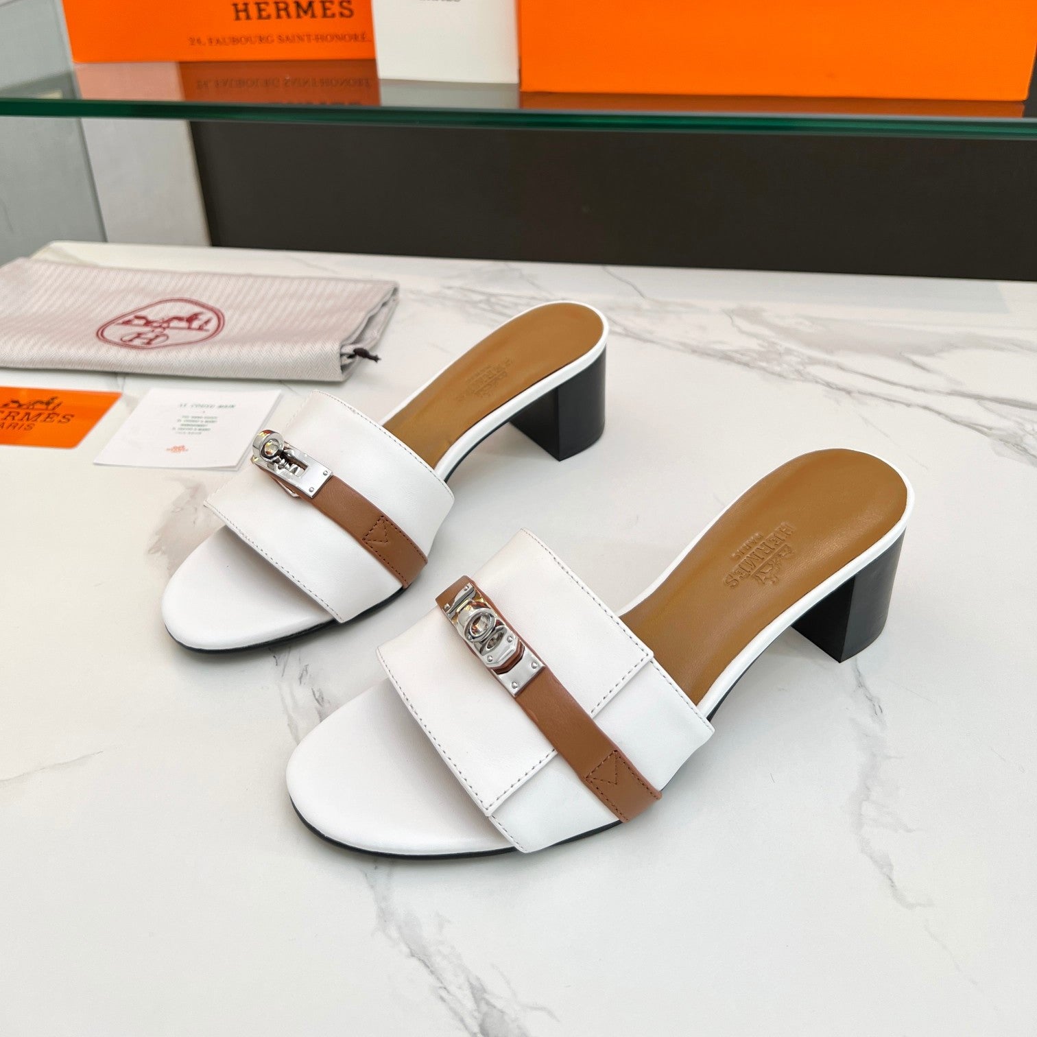 HERMES Gigi 50 Sandal White Tan Calfskin