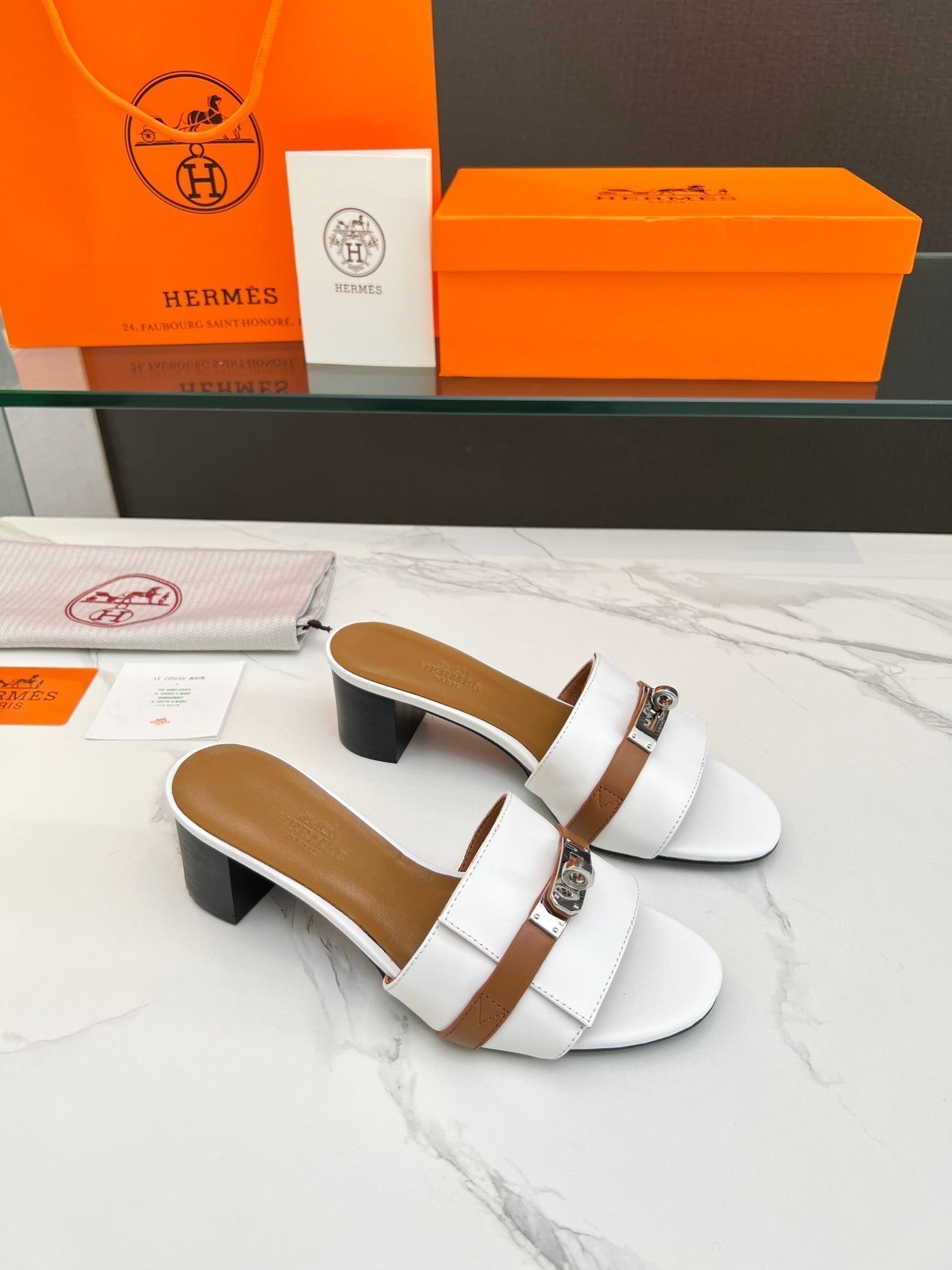 HERMES Gigi 50 Sandal White Tan Calfskin