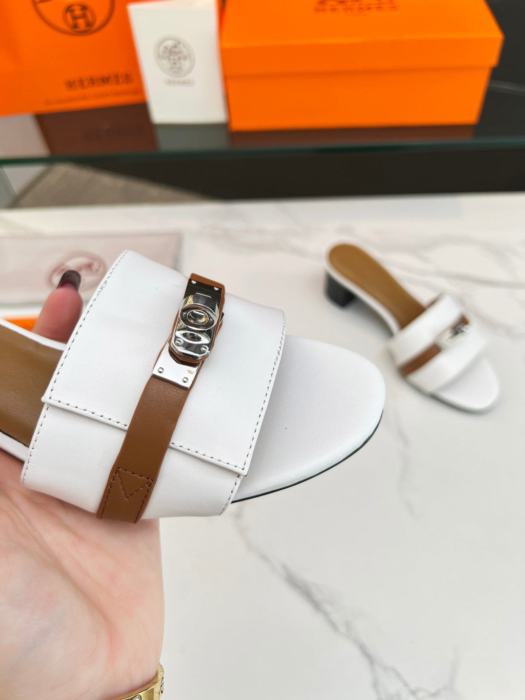 HERMES Gigi 50 Sandal White Tan Calfskin