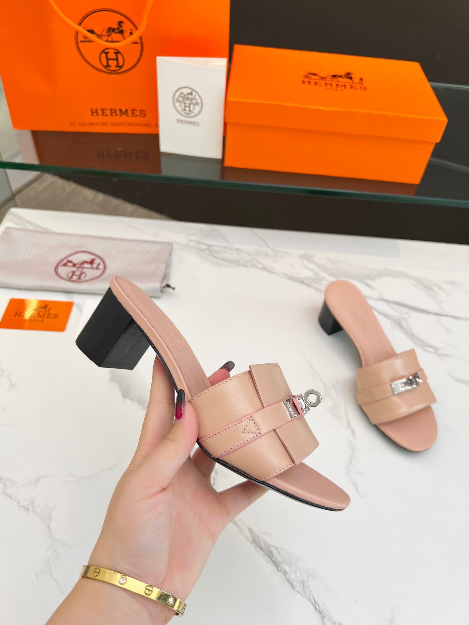 HERMES Gigi 50 Sandal Rose Cannelle Calfskin