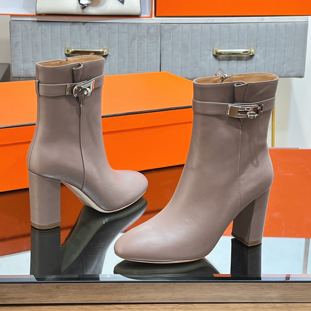 HERMES 25S SAINT GERMAIN ANKLE BOOTS 90 MM IN TAUPE BROWN LAMBSKIN WITH SILVER HARDWARE