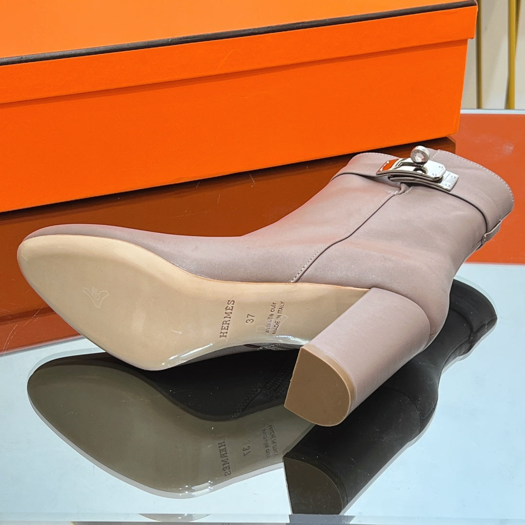 HERMES 25S SAINT GERMAIN ANKLE BOOTS 90 MM IN TAUPE BROWN LAMBSKIN WITH SILVER HARDWARE