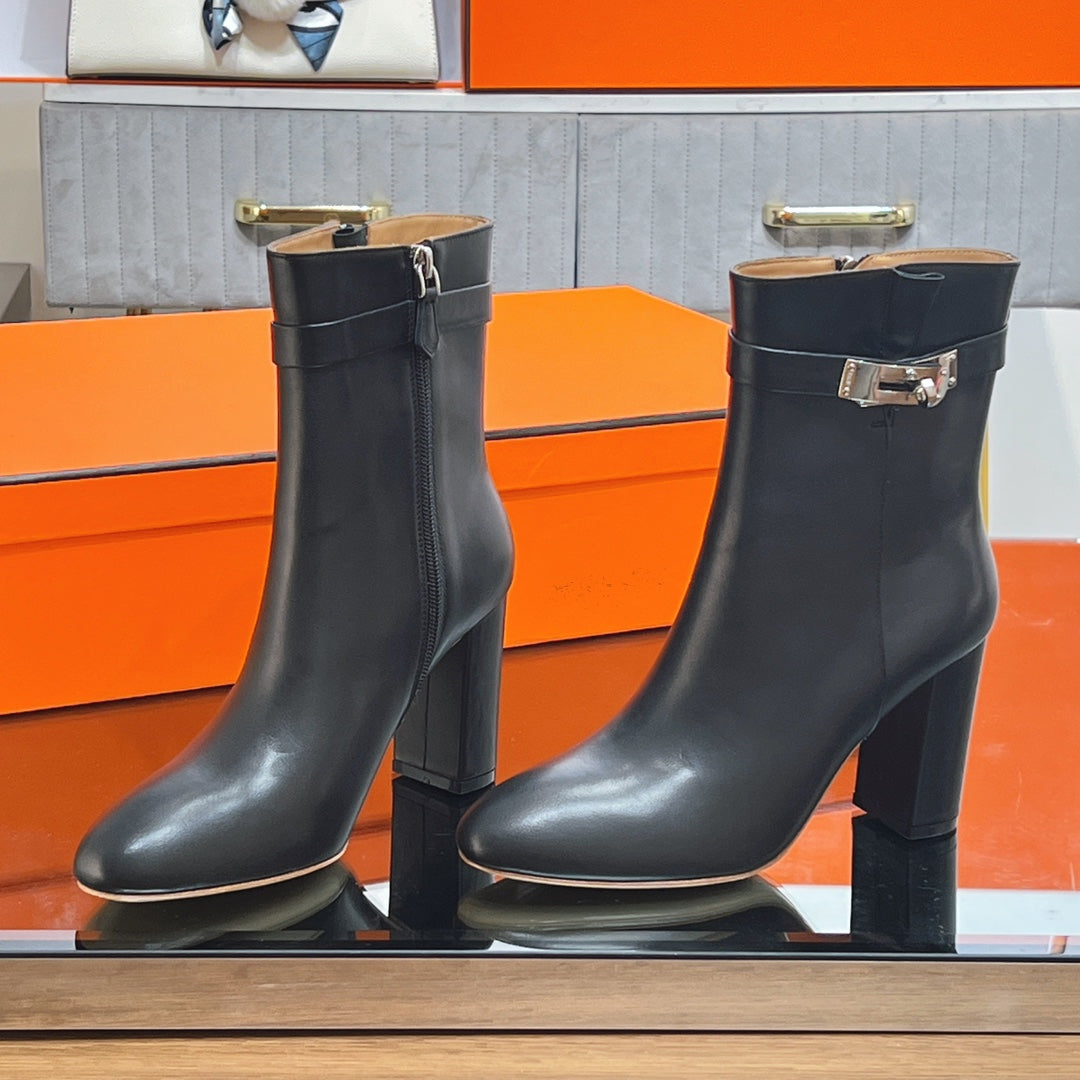 HERMES 25S SAINT GERMAIN ANKLE BOOTS 90 MM IN BLACK LAMBSKIN WITH SILVER HARDWARE