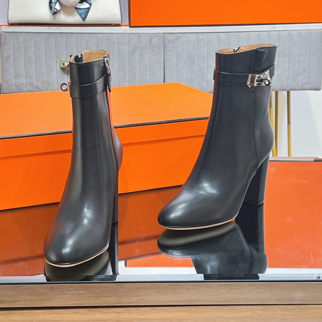 HERMES 25S SAINT GERMAIN ANKLE BOOTS 90 MM IN BLACK LAMBSKIN WITH SILVER HARDWARE