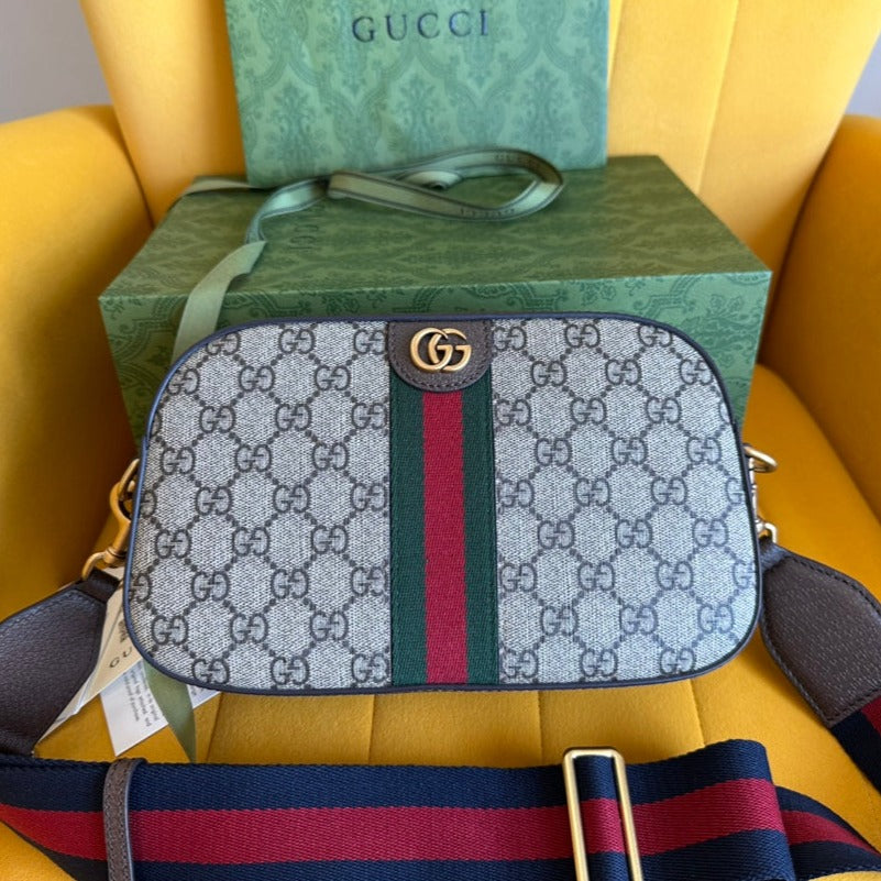 GUCCI OPHIDIA SMALL 24 IN BEIGE CANVAS AND BROWN CALFSKIN
