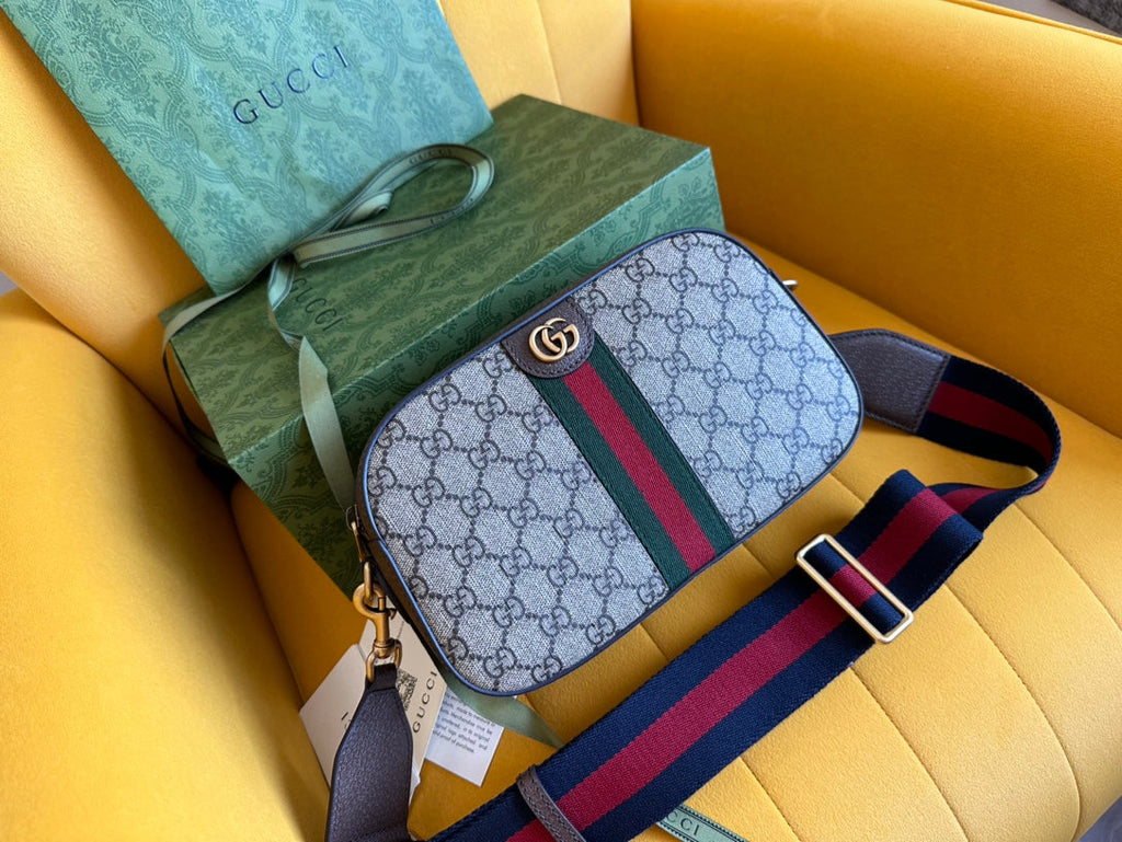 GUCCI OPHIDIA SMALL 24 IN BEIGE CANVAS AND BROWN CALFSKIN
