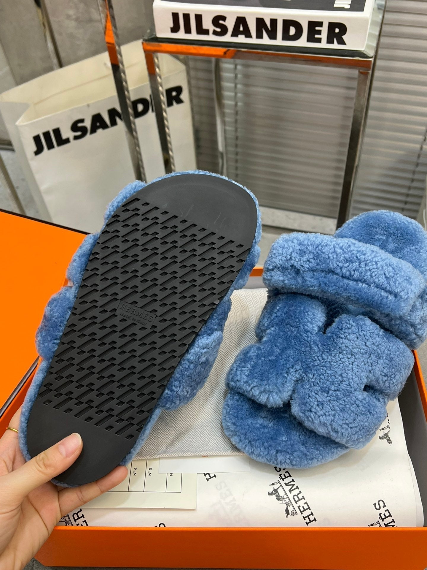 HERMES CHYPRE SLIPPERS IN AZURE BLUE LAMB WOOL