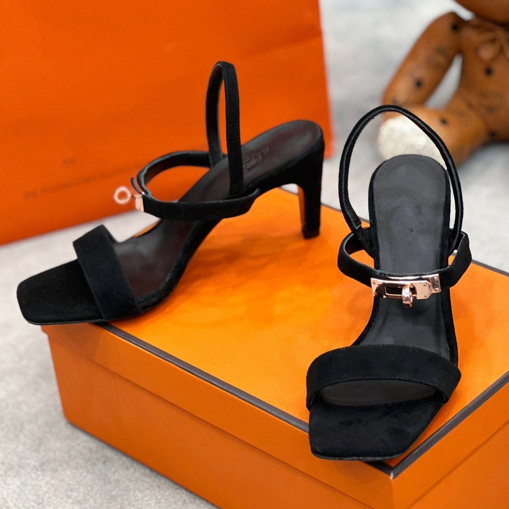 HERMES Glamour 75 Sandal Black Suede