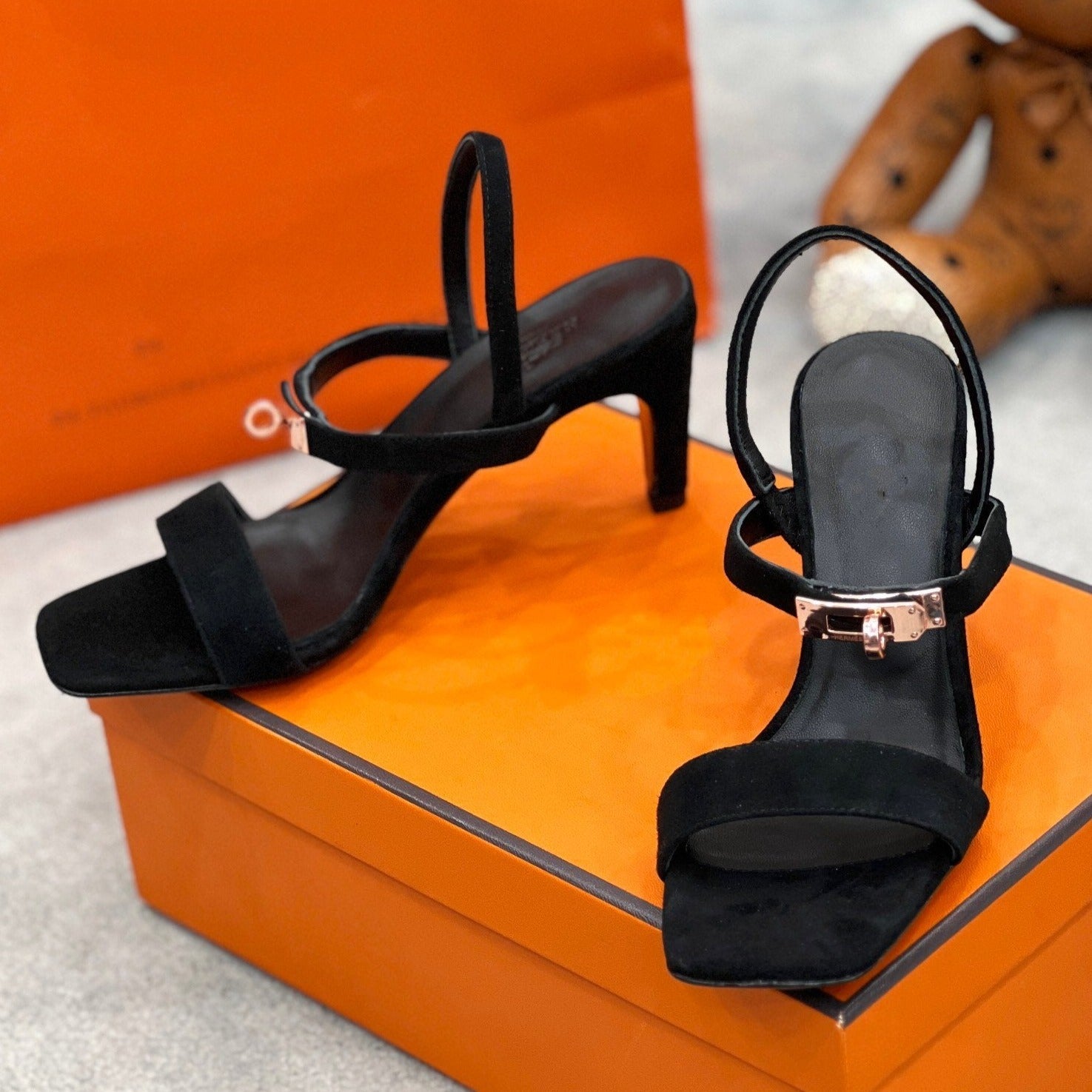 HERMES Glamour 75 Sandal Black Suede