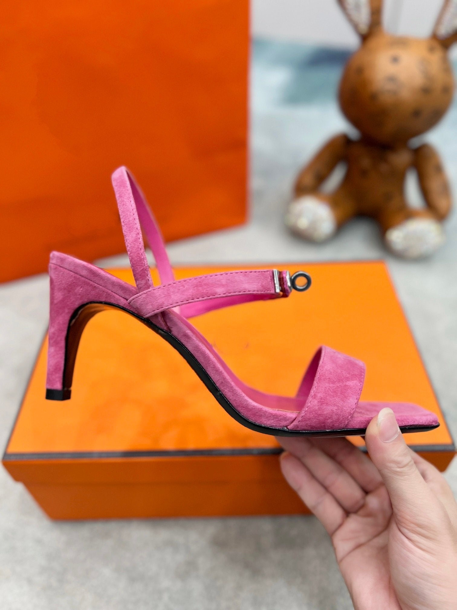 HERMES Glamour 75 Sandal Pink Suede