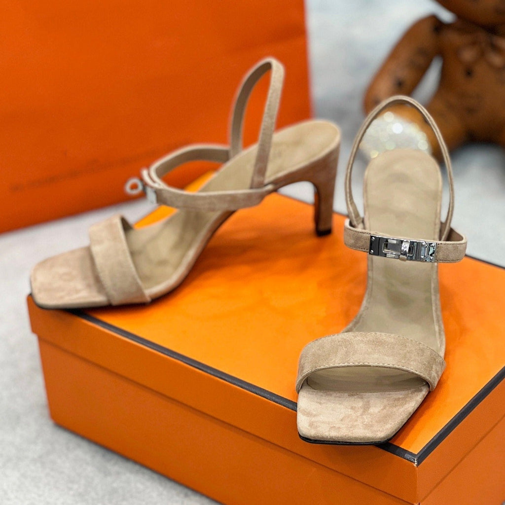 HERMES Glamour 75 Sandal Light Brown Suede