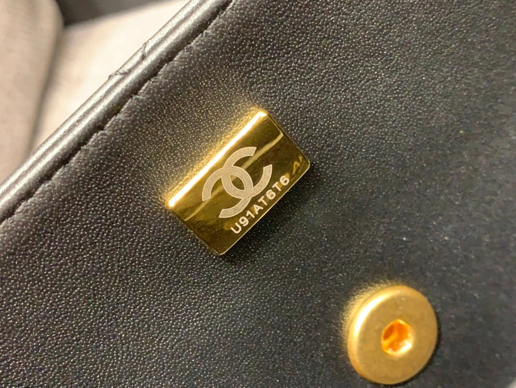 CHANEL SMALL FLAP BAG 24CM TOP HANDLE BLACK LAMBSKIN GOLD HARDWARE