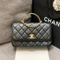 CHANEL SMALL FLAP BAG 24CM TOP HANDLE BLACK LAMBSKIN GOLD HARDWARE
