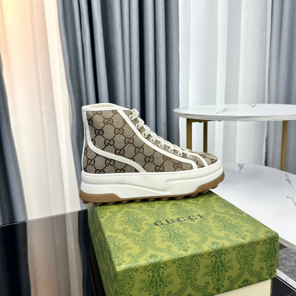 GUCCI HIGH TOP SNEAKER FLATFORM LIGHT BROWN CANVAS