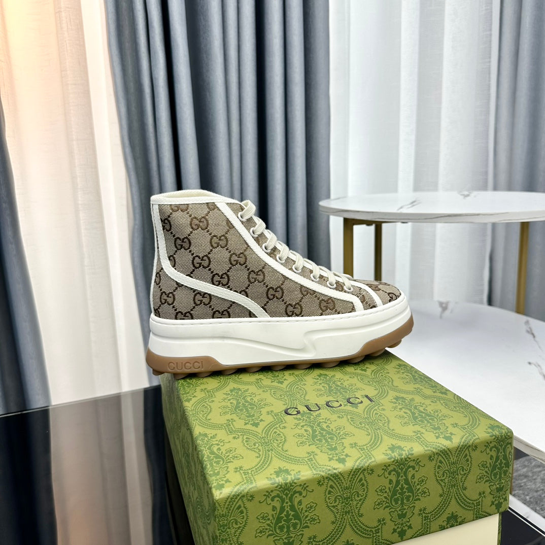 GUCCI HIGH TOP SNEAKER FLATFORM LIGHT BROWN CANVAS