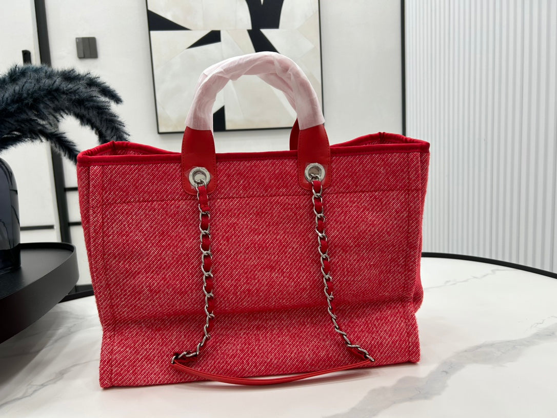 CHANEL DEAUVILLE LARGE 38 TOTE BAG IN CHERRY RED CANVAS WITH WHITE LOGO