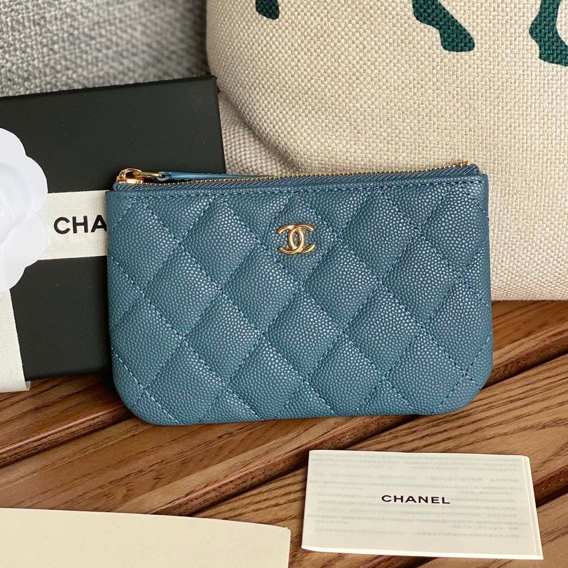 CHANEL CLASSIC SMALL 15 ZIPPED POUCH IN TEAL GREEN GRAINED CALFSKIN