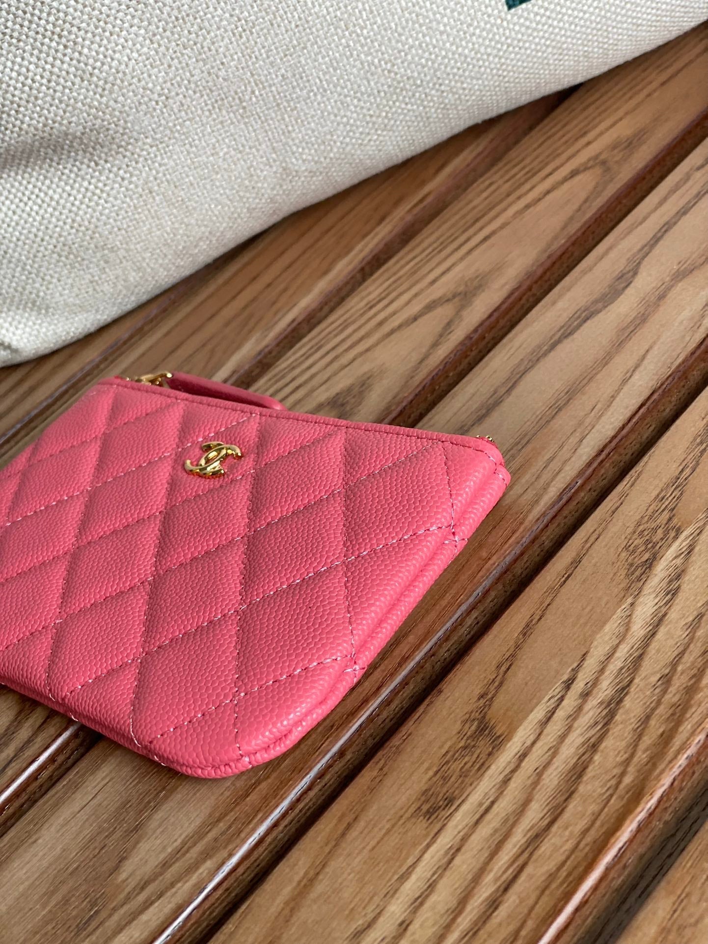 CHANEL CLASSIC SMALL 15 ZIPPED POUCH IN BLUSH RED GRAINED CALFSKIN