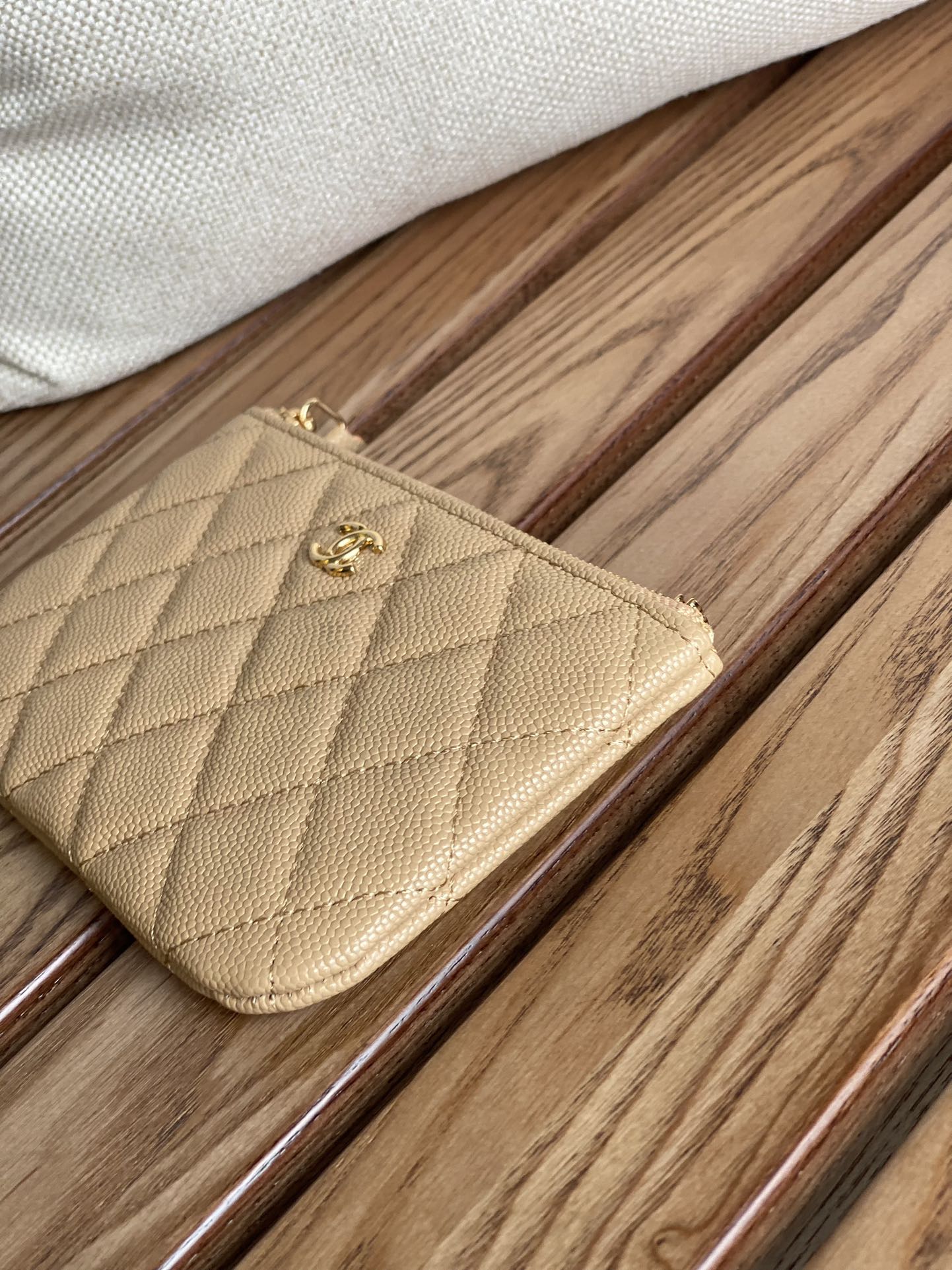 CHANEL CLASSIC SMALL 15 ZIPPED POUCH IN DARK BEIGE GRAINED CALFSKIN