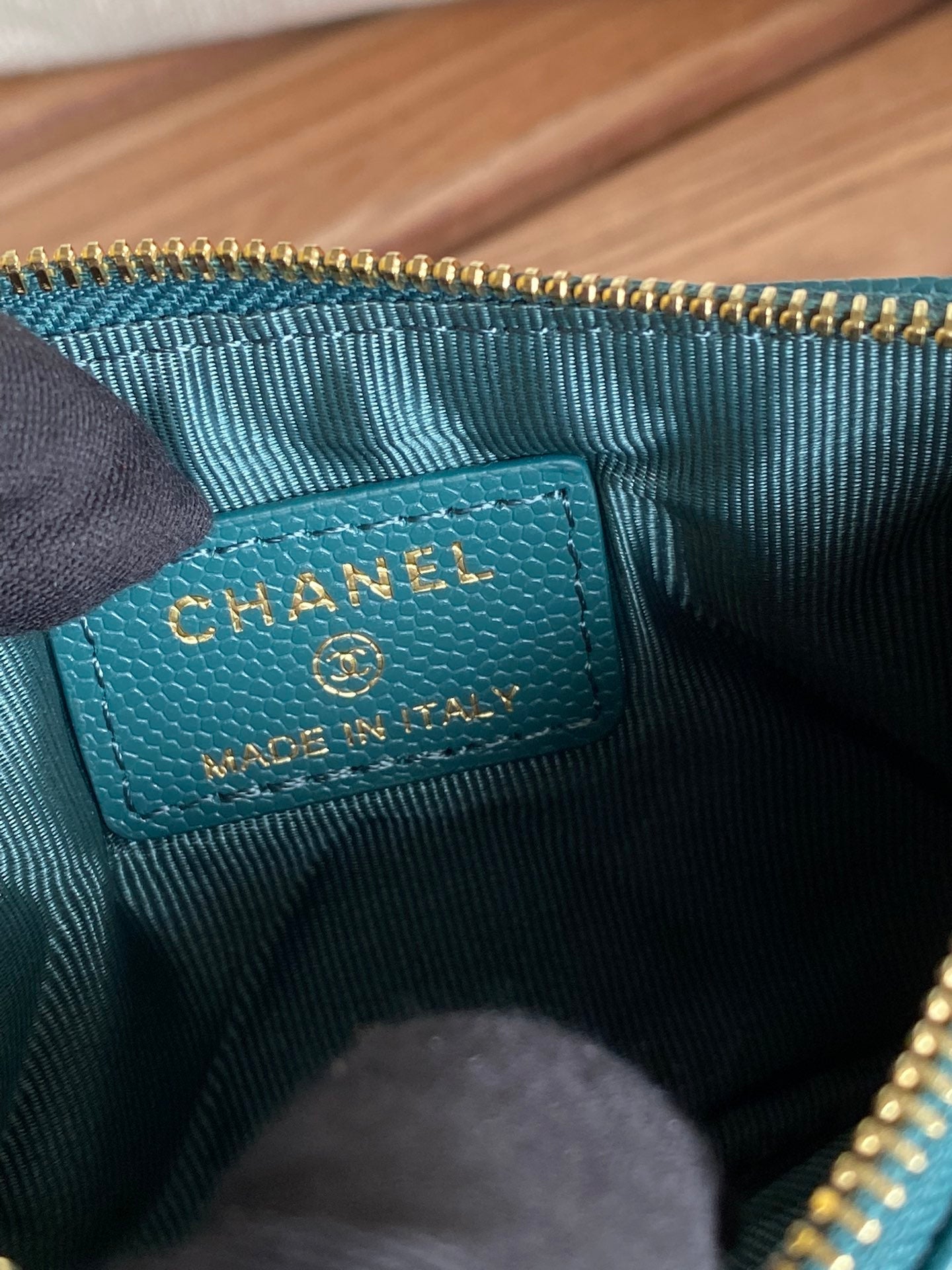 CHANEL CLASSIC SMALL 15 ZIPPED POUCH IN PINE GREEN GRAINED CALFSKIN