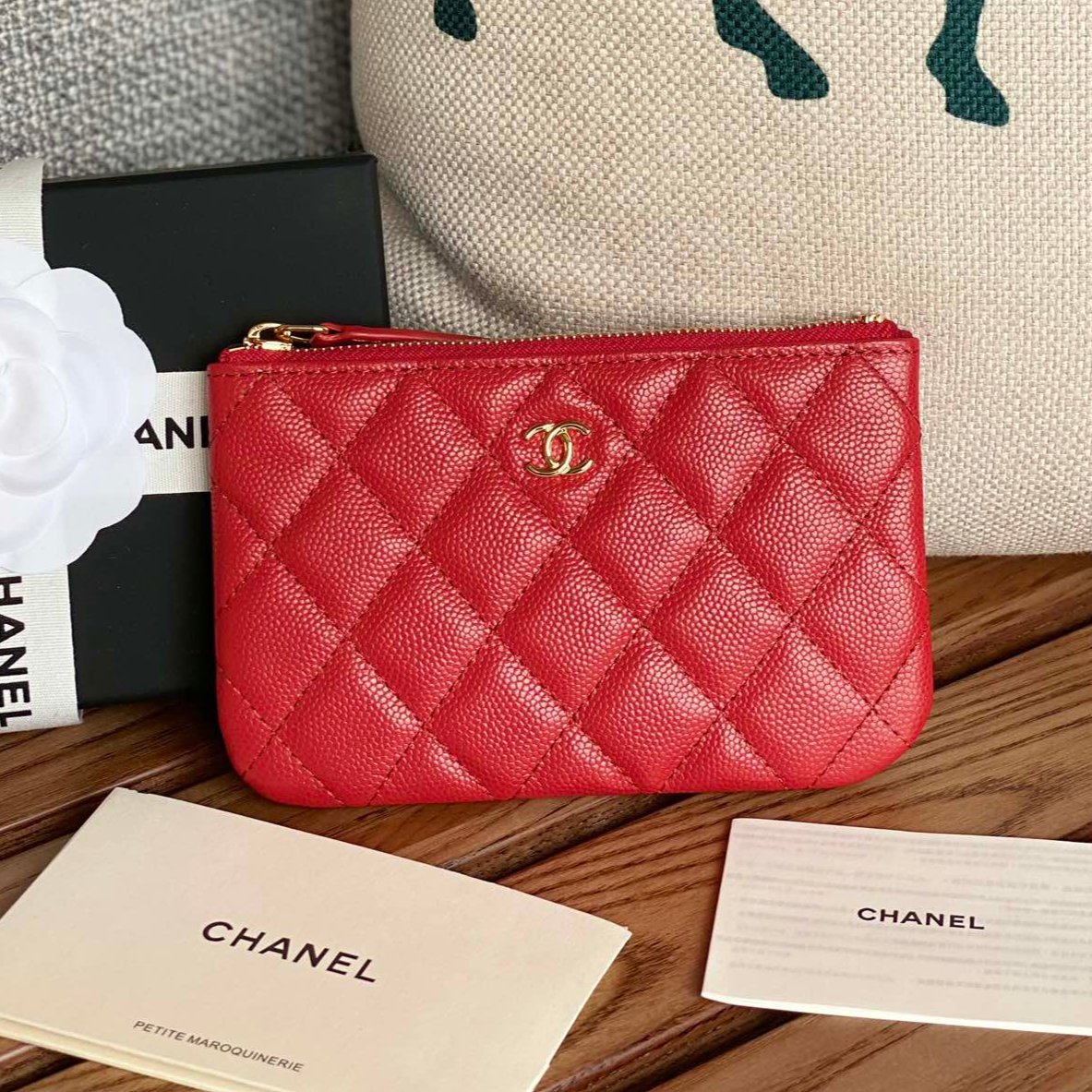 CHANEL CLASSIC SMALL 15 ZIPPED POUCH IN CRIMSON RED GRAINED CALFSKIN
