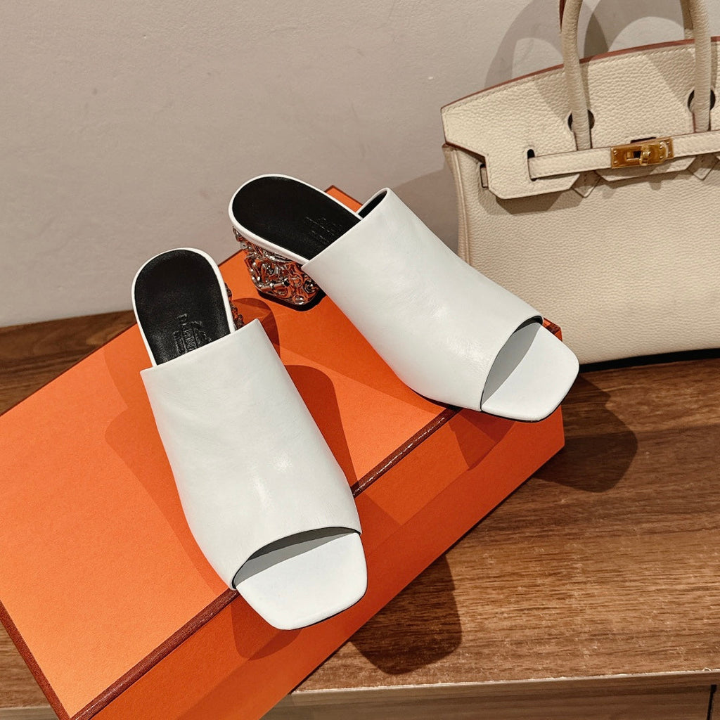 HERMES GLAM MULE 60 WHITE LAMBSKIN