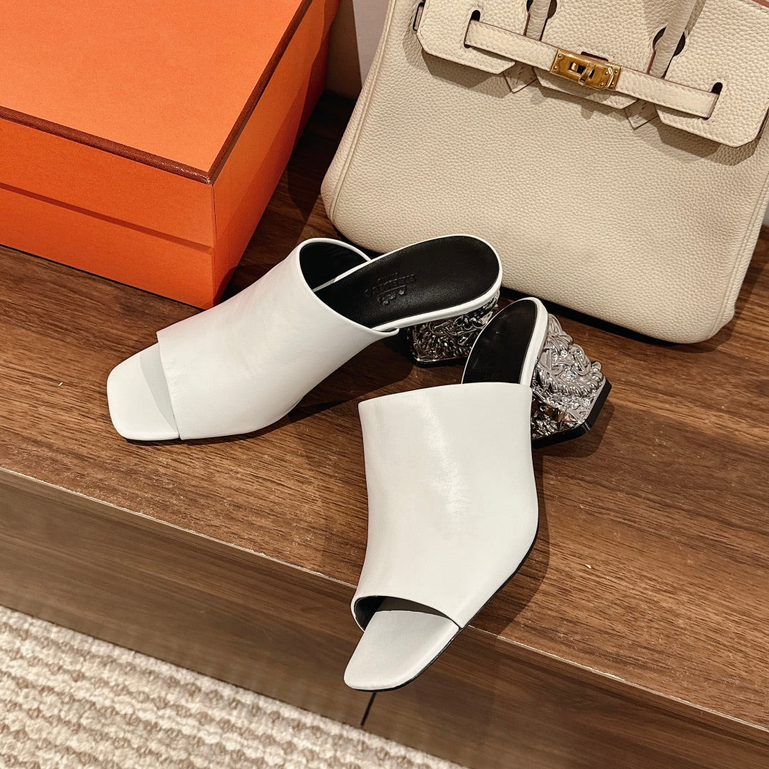HERMES GLAM MULE 60 WHITE LAMBSKIN