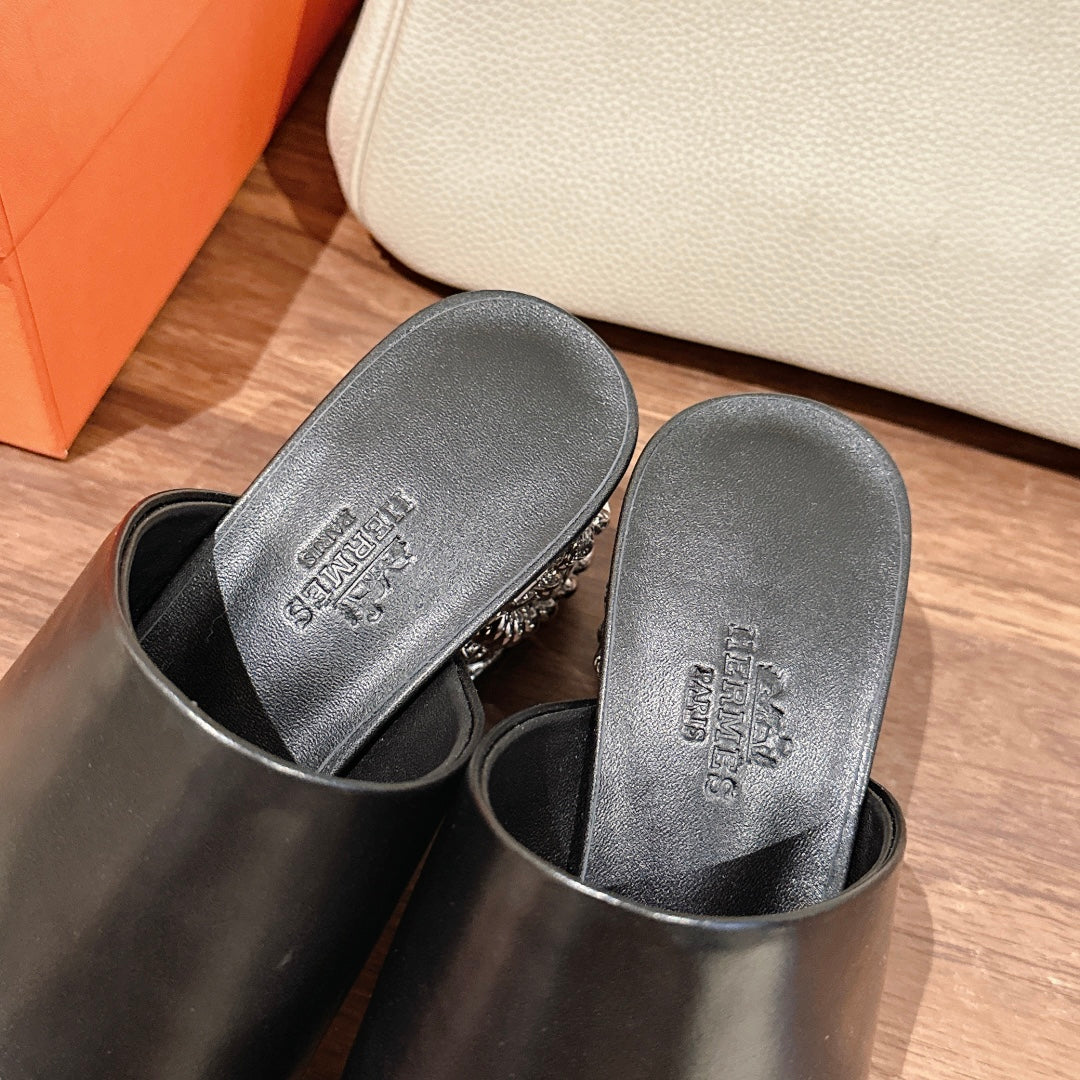 HERMES GLAM MULE 60 BLACK LAMBSKIN