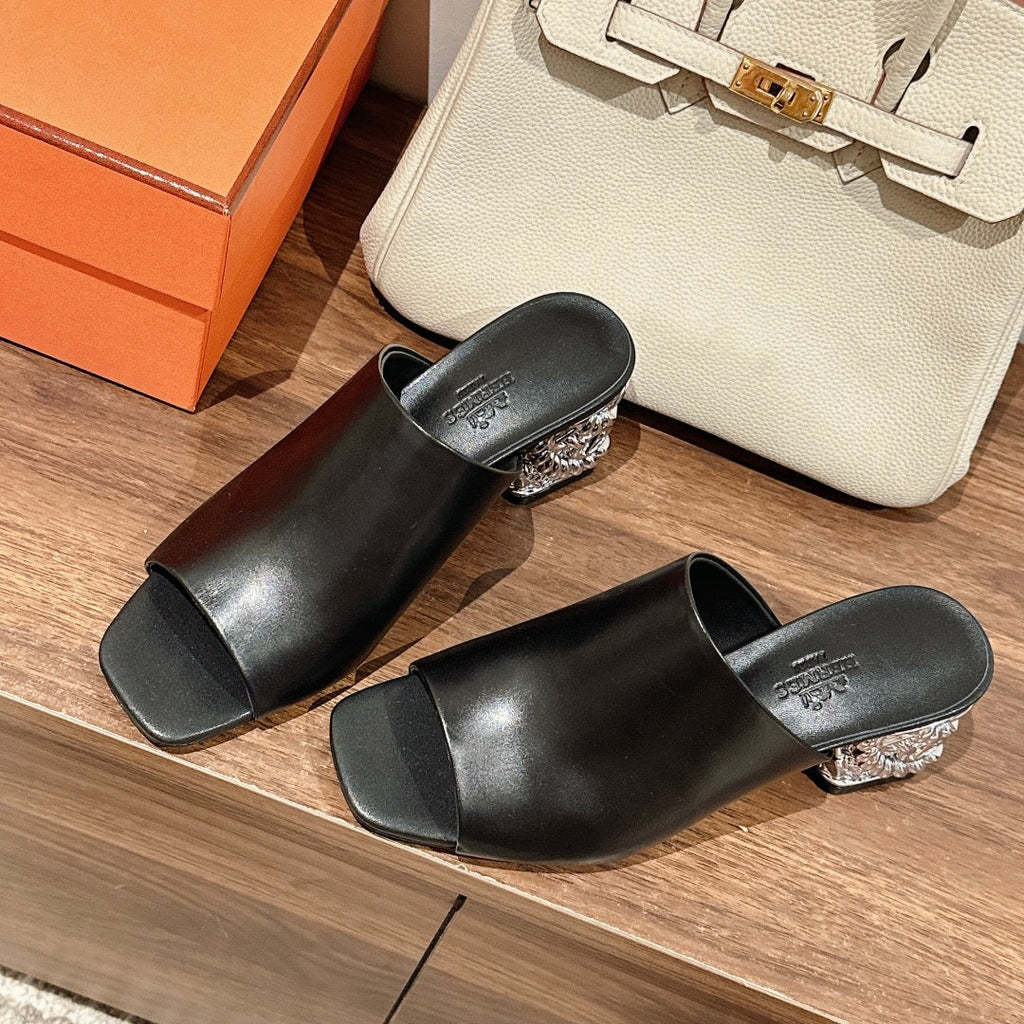 HERMES GLAM MULE 60 BLACK LAMBSKIN