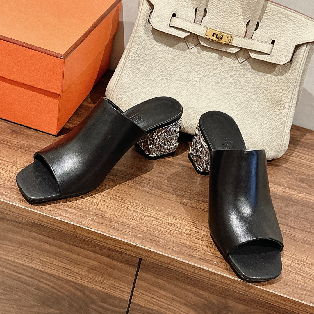 HERMES GLAM MULE 60 BLACK LAMBSKIN