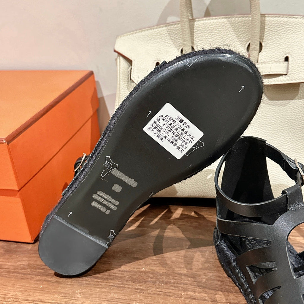 HERMES STRAW SOLE SANDAL BLACK LAMBSKIN