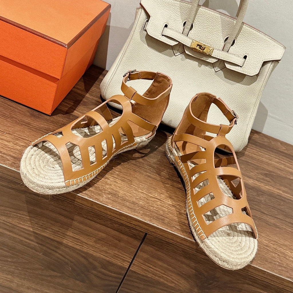 HERMES STRAW SOLE SANDAL CARAMEL LAMBSKIN