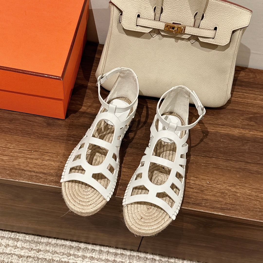 HERMES STRAW SOLE SANDAL WHITE LAMBSKIN