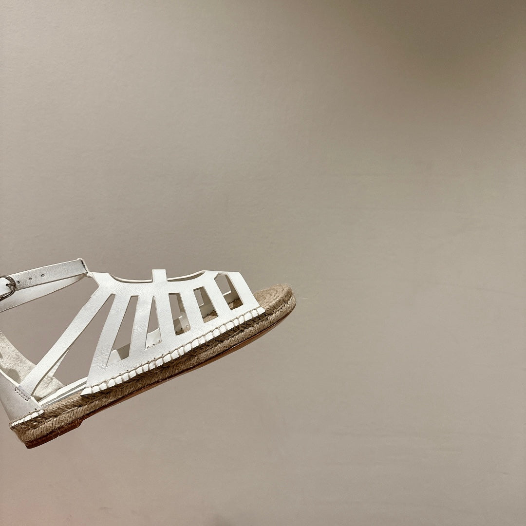 HERMES STRAW SOLE SANDAL WHITE LAMBSKIN